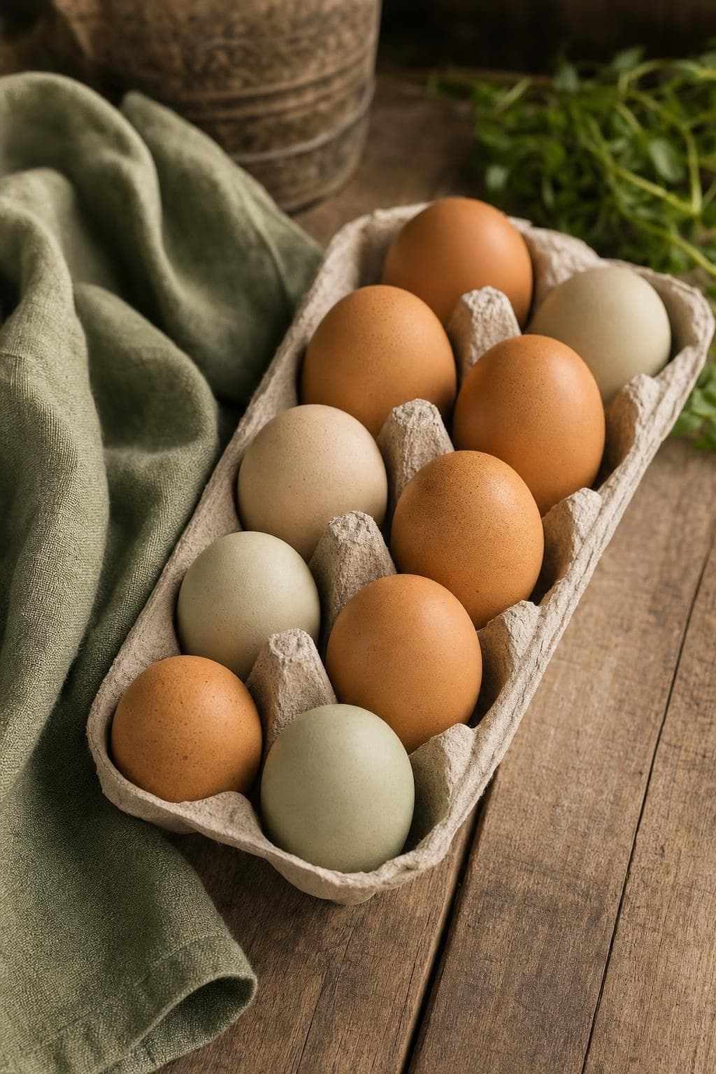 Eggs in a paper carton on a wooden table