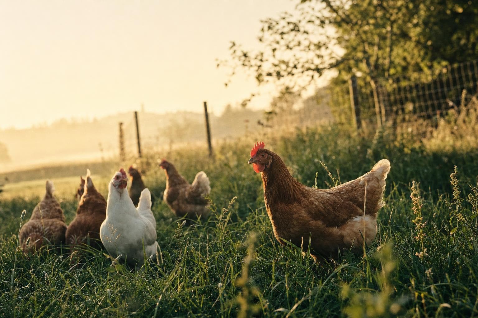 A hen standing in tall grass on a local farm