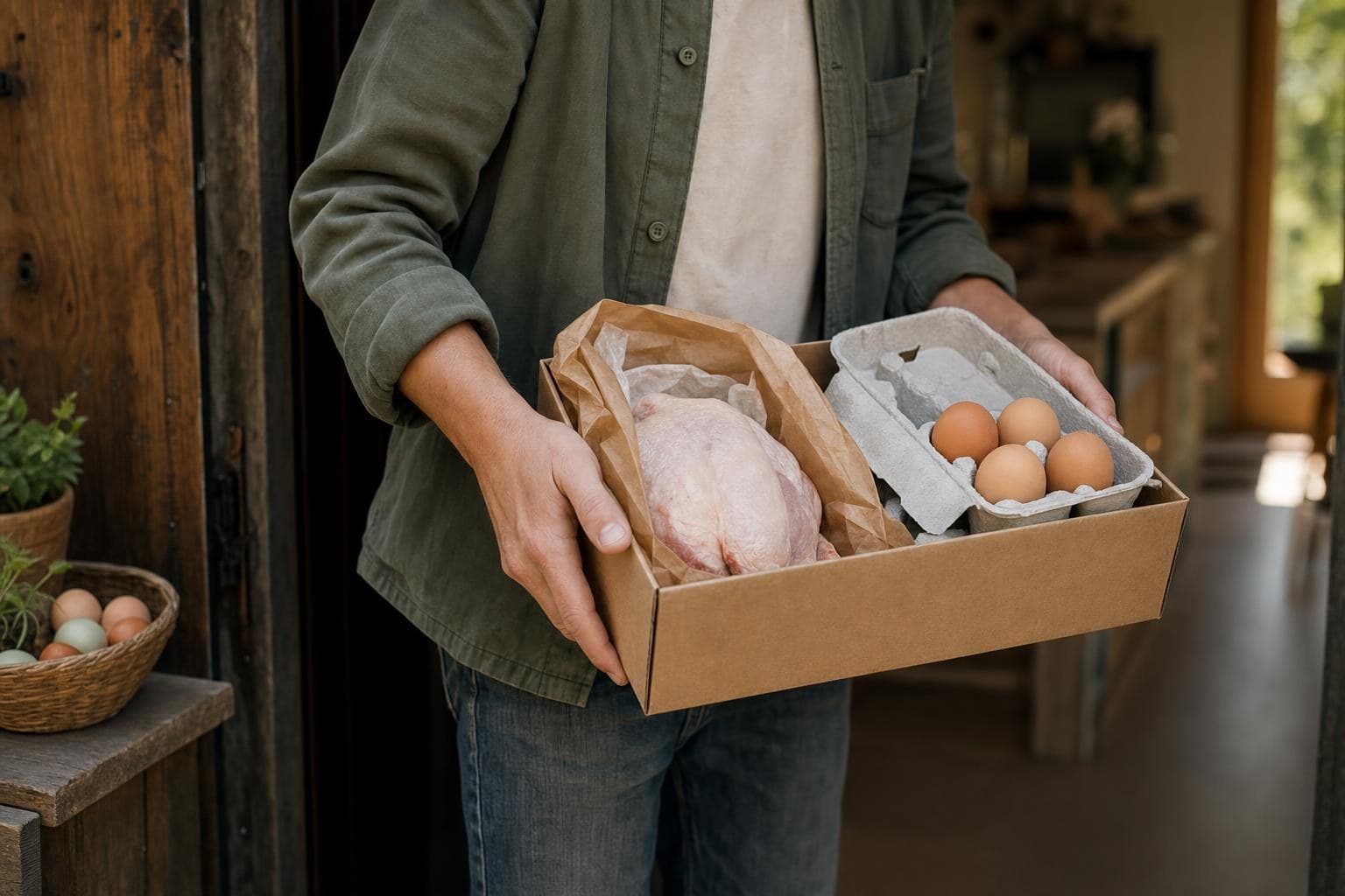 Hands holding a simple bowl of fresh eggs